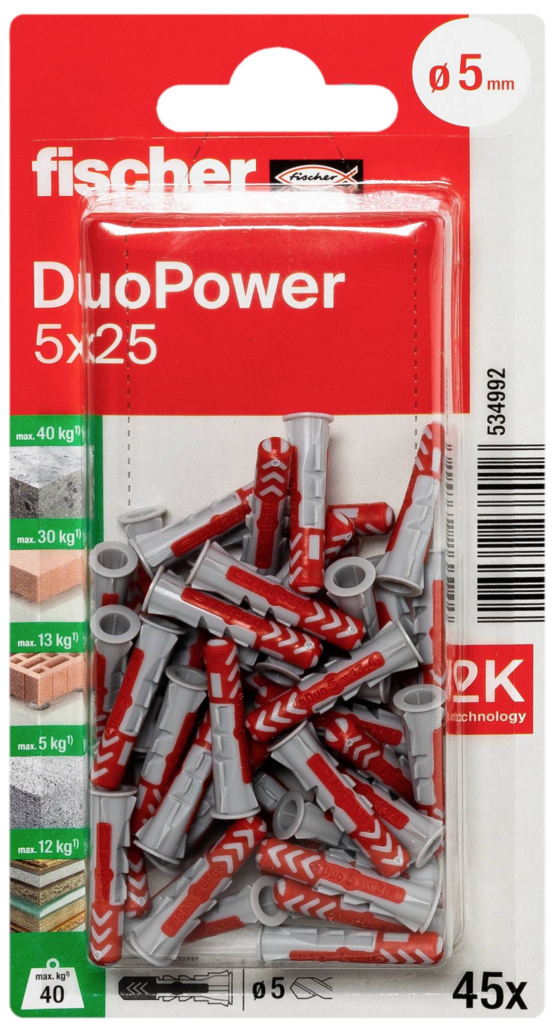 Balení 45 hmoždinek Fischer DuoPower 5x25, vhodných pro různé stavební materiály, průměr 5 mm.