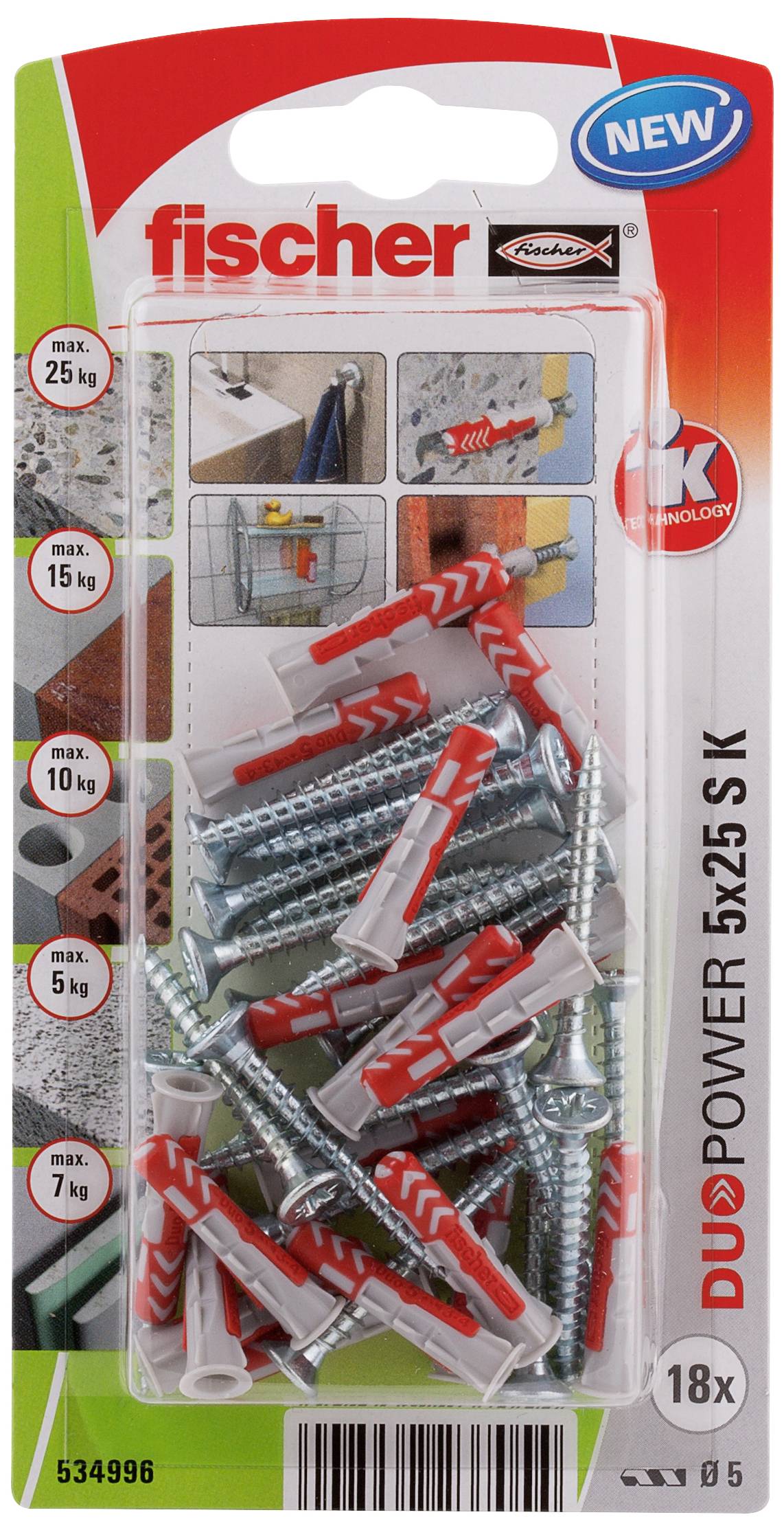 Balení obsahuje 18 kusů hmoždinek Fischer DUOPOWER 5x25 S K včetně šroubů, vhodných pro zatížení až 25 kg. Aplikace zobrazeny na obalu.