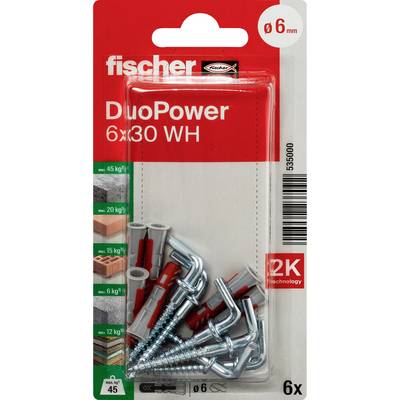 Balení pro Fischer DuoPower 6x30 WH nástěnné kolíky, obsahující 6mm hmoždinky a šrouby v čirém blistrovém balení.