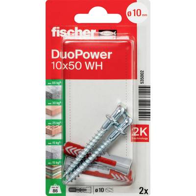 Balení pro fischerovy dvoučinné hmoždiny DuoPower, velikost 10x50 mm, se dvěma stříbrnými vruty a červenými hmoždinama viditelnými v čirém blistrovém balení.
