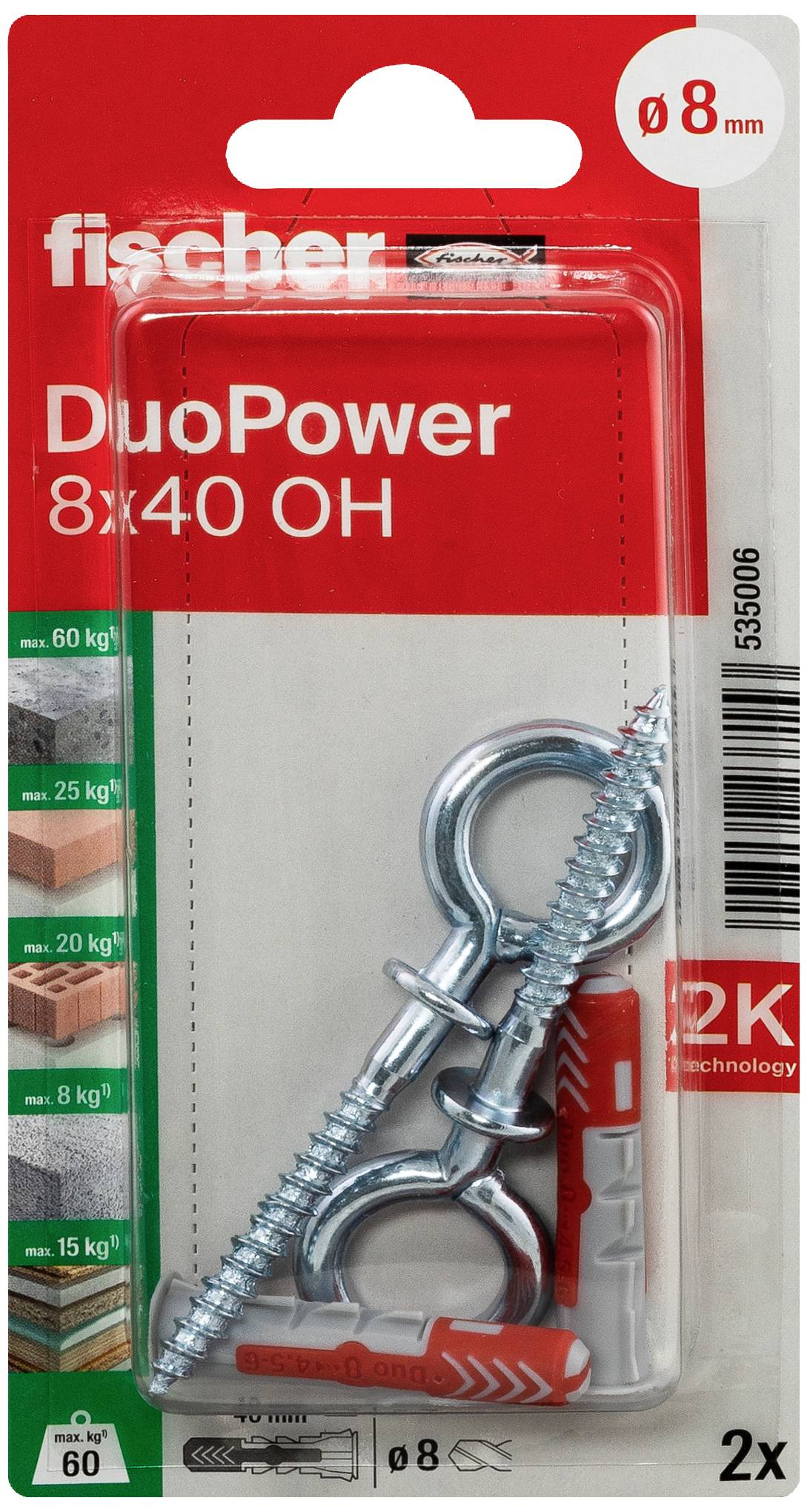 Plastová páska s dvěma kovovými šroubovacími háky a hmoždinkami, značka 'fischer DuoPower 8x40 OH', určená pro pevné uchycení ve zdivu.