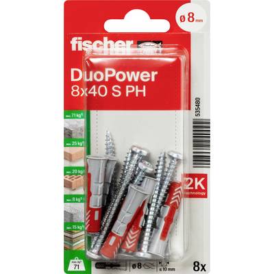Balení Fischer DuoPower 8x40 S PH hmoždinek do zdi se šrouby, průměr 8 mm, množství 8 ks, v červeno-bílém blistrovém obalu.