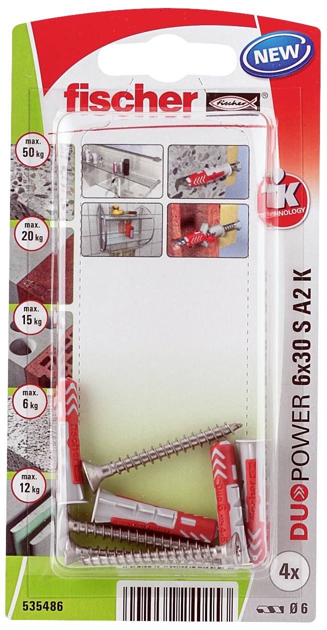 Balení pro hmoždinky Fischer DUOPOWER 6x30 S A2 K. Obsahuje 4 hmoždinky vhodné pro zatížení až 50 kg. Zobrazuje příklady použití.
