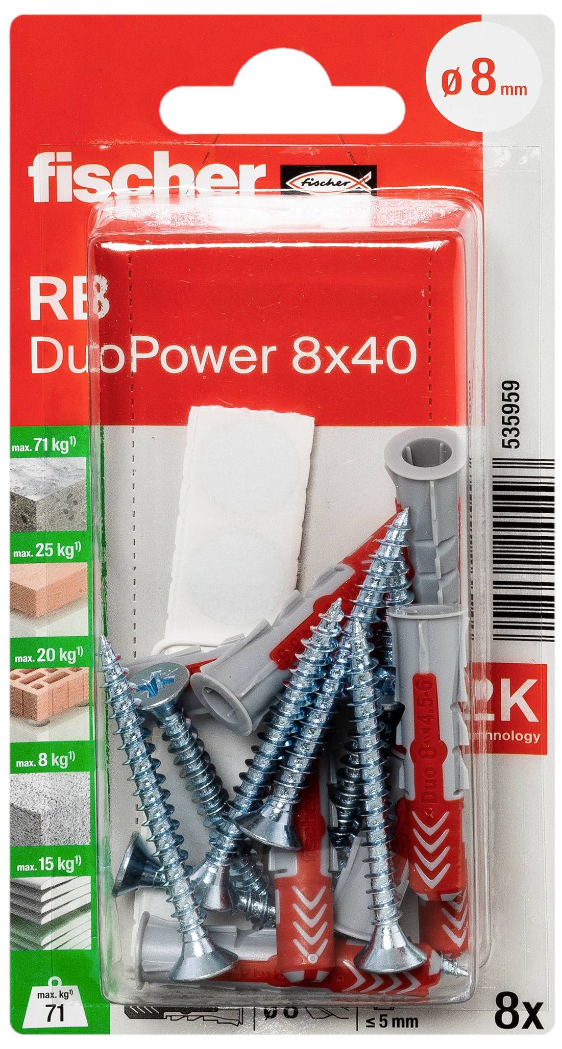 Balení hmoždinek a šroubů značky Fischer, 'DuoPower 8x40'. Obsahuje 8 sad, vhodných pro různé materiály.
