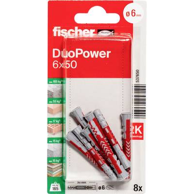 Balení nástěnné zásuvky Red Fischer DuoPower, 6x50 mm, 8 zásuvek, s informacemi o zatížitelnosti a obrázkem produktu na přední straně.