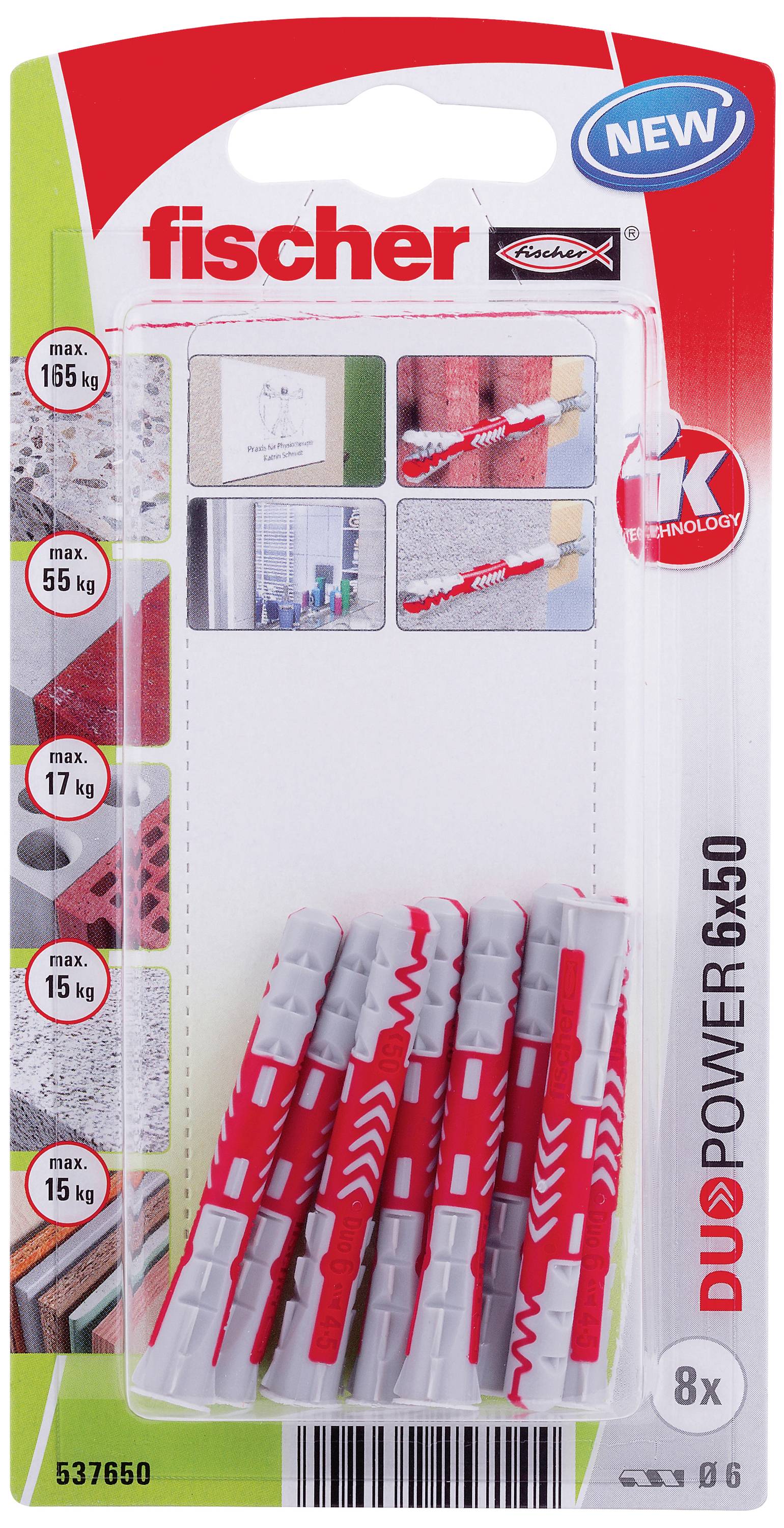 Balení hmoždinek 'Fischer' obsahující 8 červených a šedých hmoždinek. Maximální nosnosti jsou uvedeny pro různé materiály, např. 165 kg pro beton.