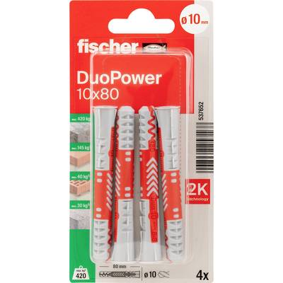 Balení hmoždinek fischer DuoPower do stěny, velikost 10x80 mm, 4 kusy, s technologií 2K a nosností zobrazená na přední straně.