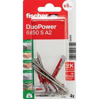 Balení Fischer DuoPower 6x50 S A2 hmoždinky a šrouby ze stěny, zobrazující 4 kusy na vrtné otvory o průměru 6 mm a použití na zedí nebo dřevo