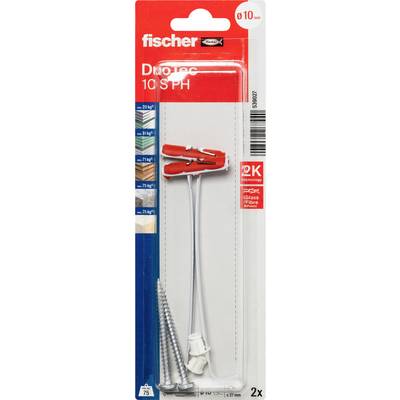 Balení kotev fischer Duopower 10 SPH se šrouby, zobrazeno v červeno-bílém blistrovém obalu označeném 2x pro použití při montáži.