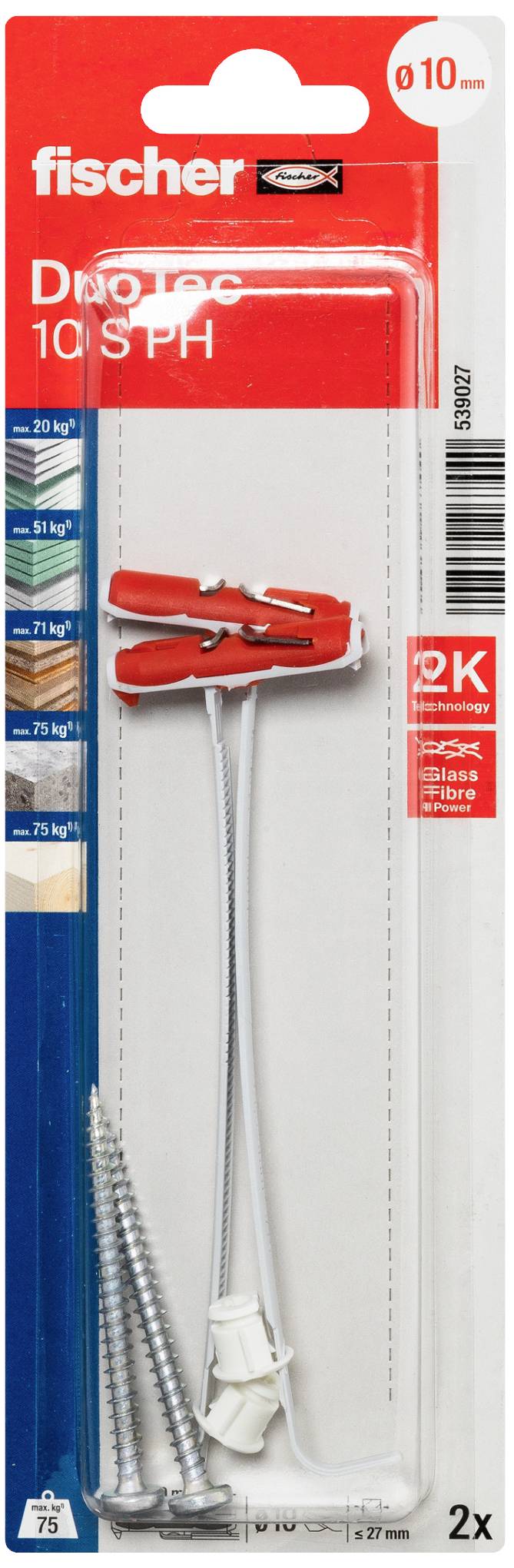 Produktové balení. Fischer DuoTec 10 SPH sada hmoždinek, 2 kusy. Zatížení: 20 kg – 35 kg, podle materiálu. Včetně šroubů.