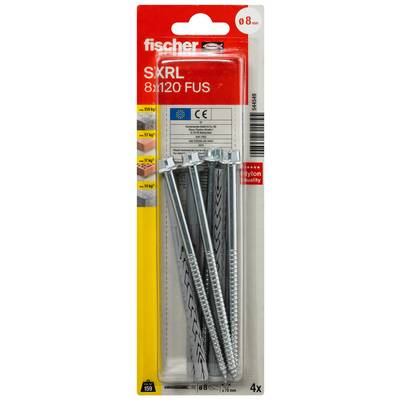 Balení příchytů do stěn Fischer SXRL 8x120 FUS, 4 kusy, v červeném a žlutém maloobchodním obalu s detaily výrobku a značením velikosti 8 mm.