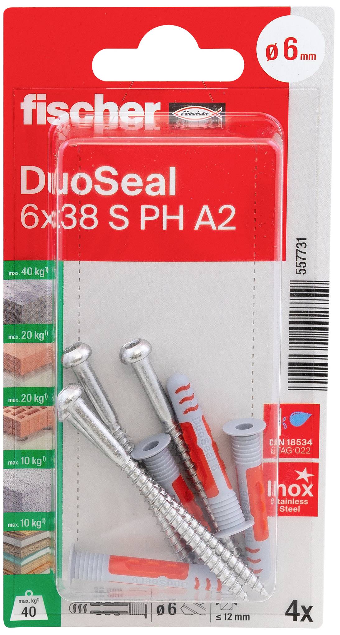 Balení šroubů 'fischer DuoSeal 6x38 S PH A2', 4 kusy. Pro hmoždinky s nosností až 20 kg na šroub. Obsahuje hmoždinky z nerezové oceli a plastu.