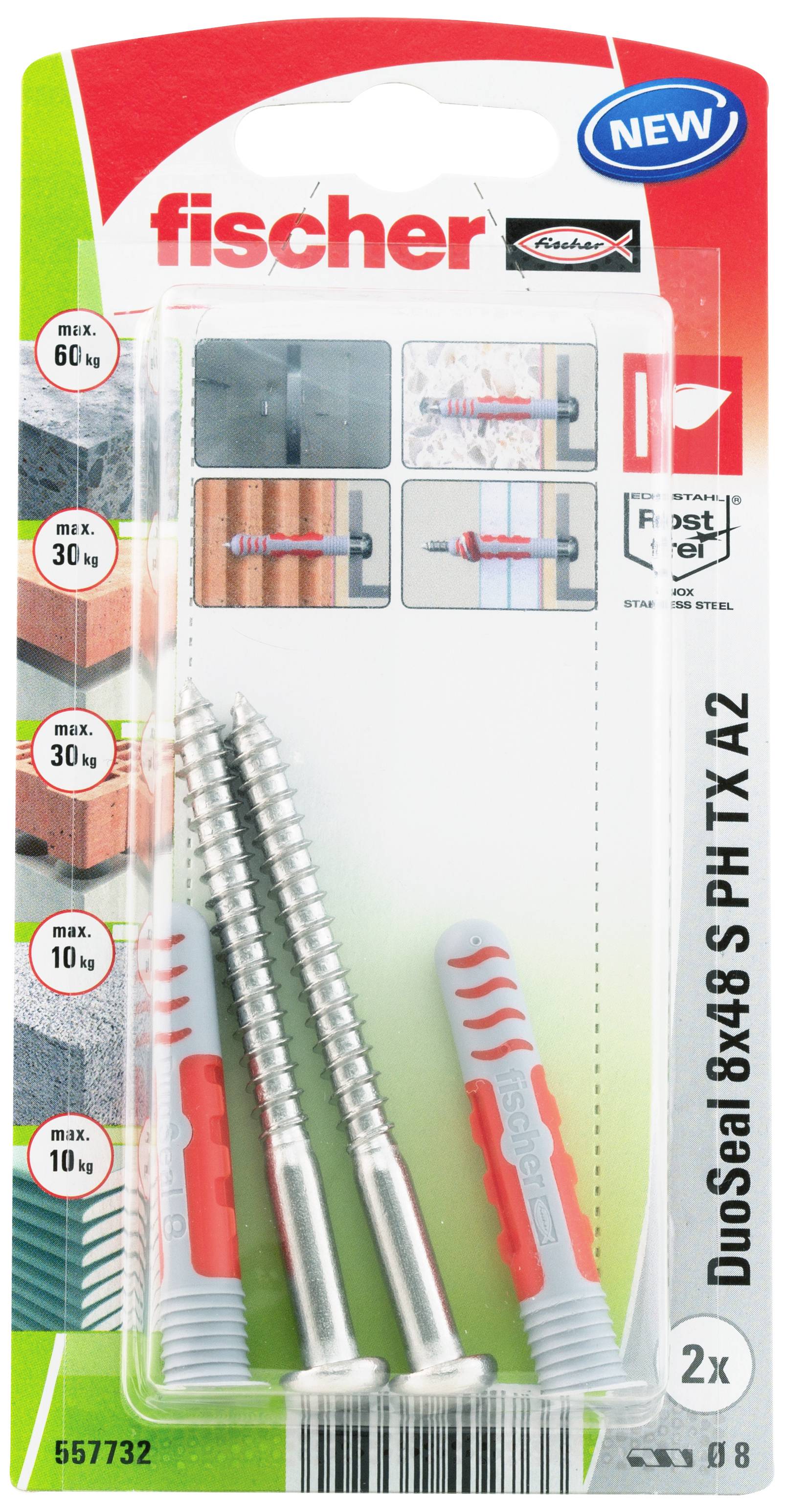 Balení hmoždinek Fischer DuoSeal 8x48 SP/ TX A2, obsahuje dva hmoždinky a šrouby, vhodné pro různé materiály.
