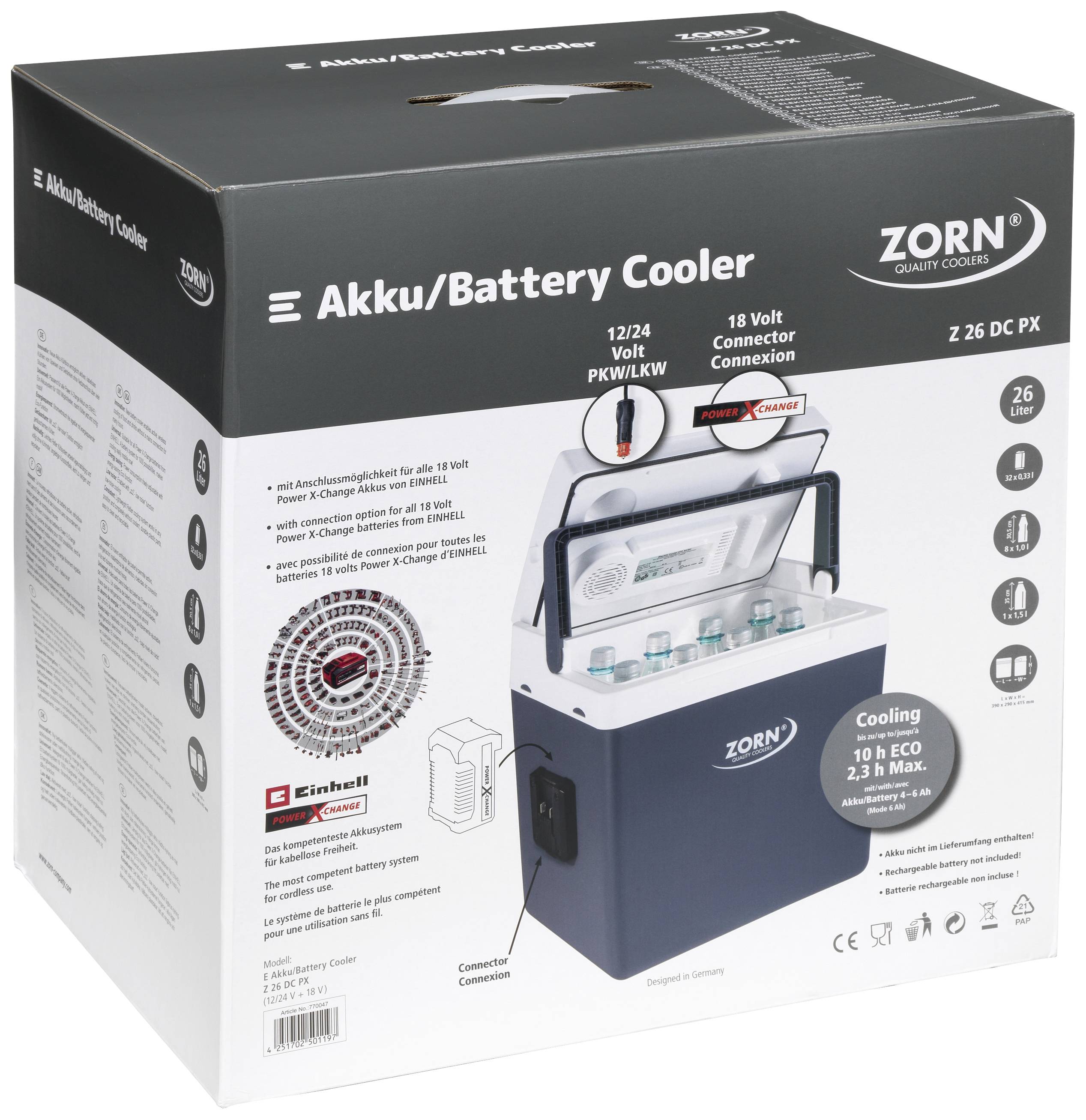 Chladicí box s označením 'Akku/Battery Cooler'. Zobrazuje detaily kompatibility s 12/24 volty, Einhell Power-X-Change a údaji o době chlazení.