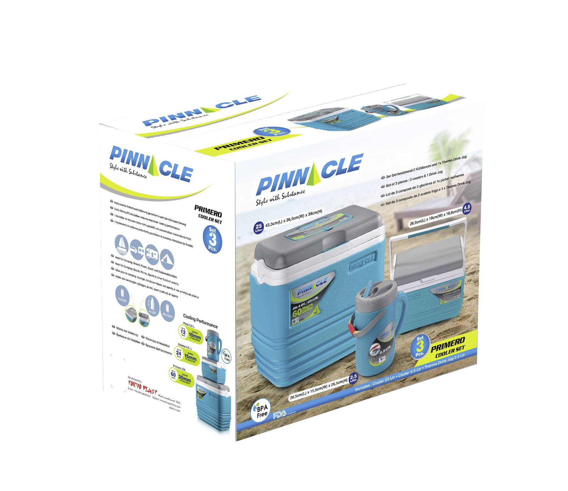 Chladicí box-set Pinnacle s držákem na láhve a kolečky, 3-dílná sada, tyrkysová a šedá. Obsahuje nádoby o objemu 24 l, 8 l a 4,5 l.