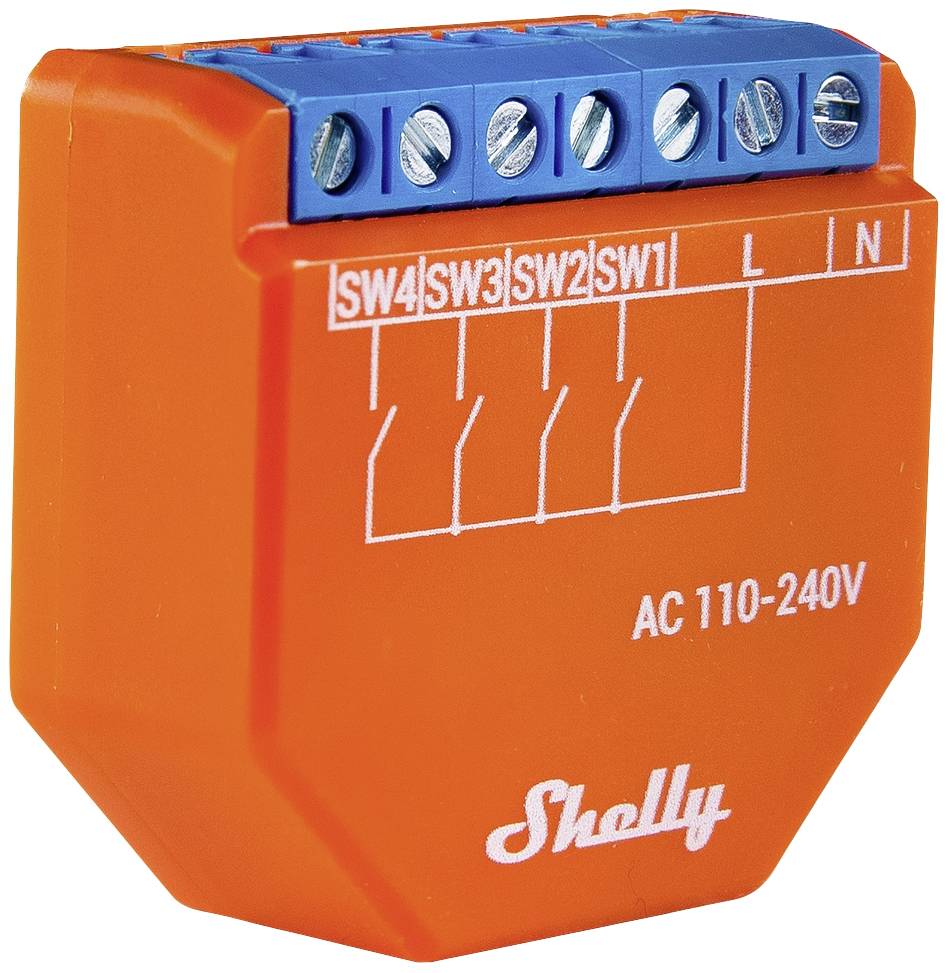 Oranžový elektrický spínač značky Shelly, vhodný pro napětí AC 110-240V, zobrazuje 4 spínací okruhy (SW1-SW4) a svorky 'L' a 'N'.