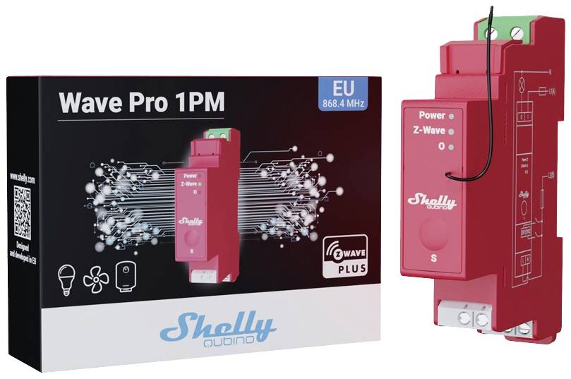 Obrázek ukazuje Shelly Wave Pro 1PM, červený smart home modul v obalu. Je kompatibilní se standardem Z-Wave Plus a určený pro frekvenci 868,4 MHz v EU.