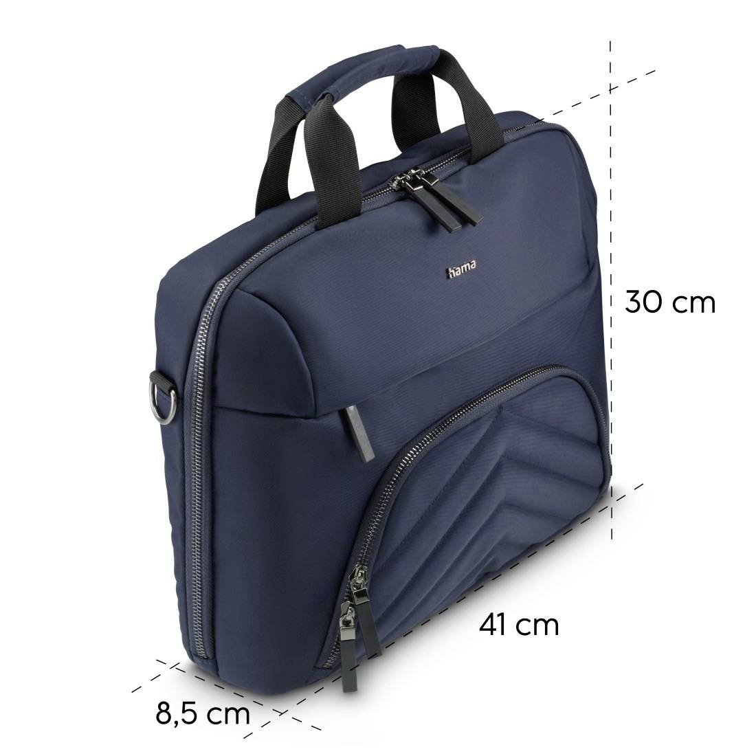 Tmavě modrá taška na notebook se zipem, uchy a přední kapsou. Rozměry: 41 cm šířka, 30 cm výška, 8,5 cm hloubka.