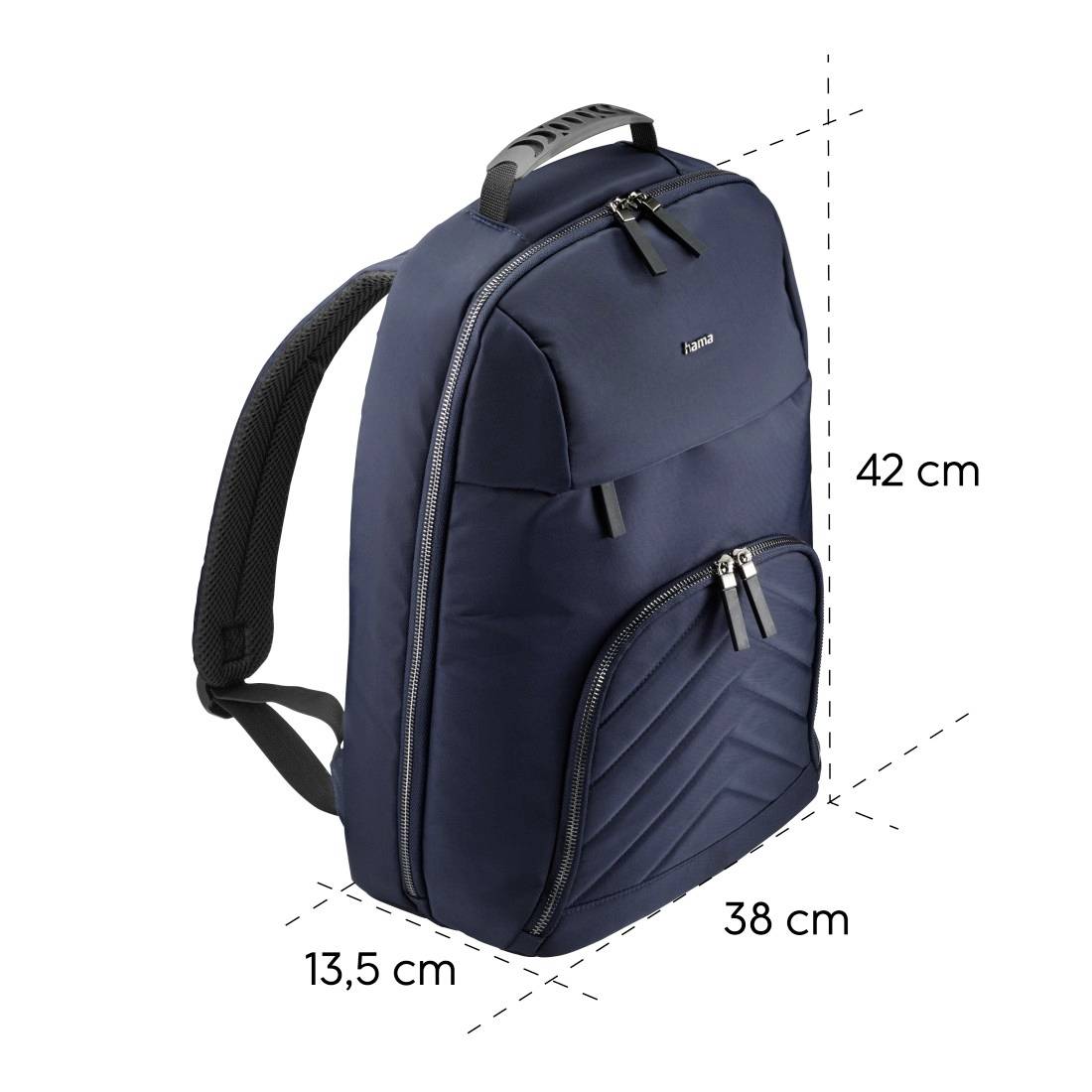 Tmavě modrý batoh se dvěma zipovými kapsami. Rozměry: 42 cm výška, 38 cm šířka, 13,5 cm hloubka. Pevné madlo nahoře.