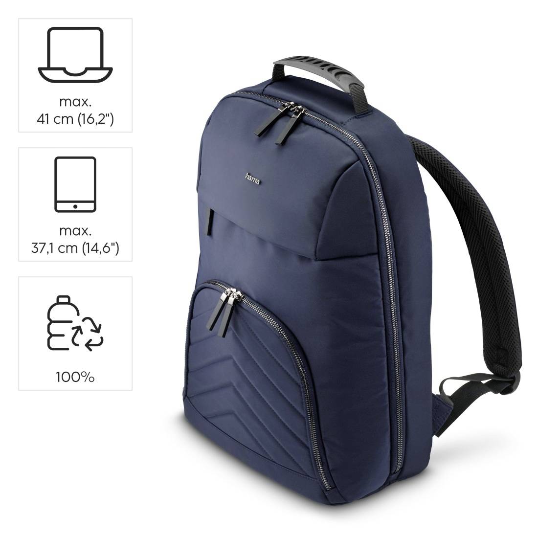 Tmavě modrý batoh z 100% recyklovaného materiálu. Vhodný pro laptopy do 41 cm (16,2 palce) a tablety do 37,1 cm (14,6 palce).