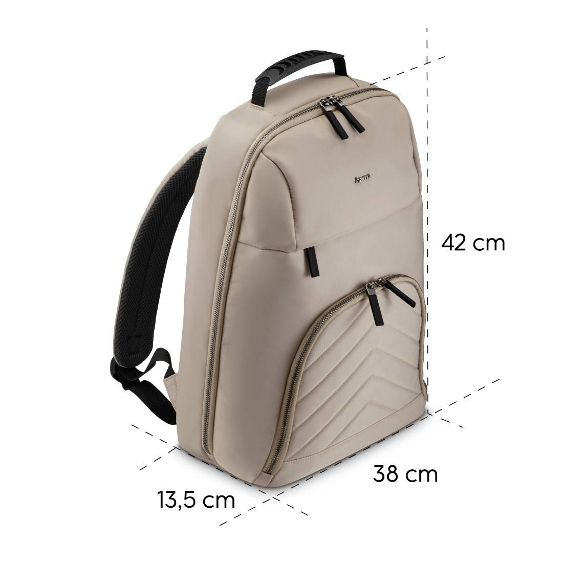 Béžový batoh se dvěma zipovými kapsami, černou rukojetí a popruhy; rozměry: 42 cm výška, 38 cm šířka, 13,5 cm hloubka.