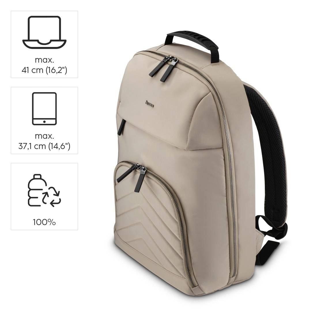 Béžový batoh se dvěma hlavními kapsami a poutkem na zavěšení. Vlevo symboly: 'max. 41 cm (16,2")' pro notebook, 'max. 37,1 cm (14,6")' pro tablet, '100%' s recyklačním symbolem.