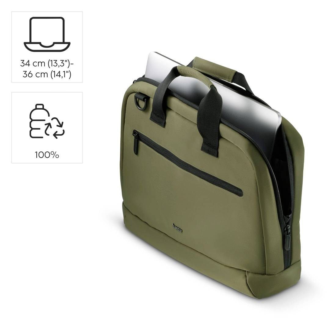 Olivově zelená laptopová taška se zipem, vhodná pro notebooky o velikosti 34 cm (13,3") až 36 cm (14,1"). Vedle tašky symbol materiálu láhve s označením '100%'.