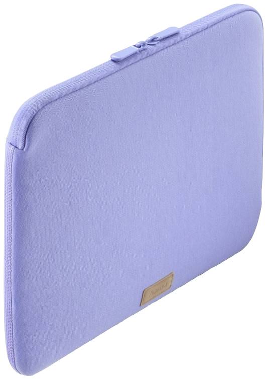 Fialový obal na notebook se zipem a nenápadnou koženkovou aplikací štítku.