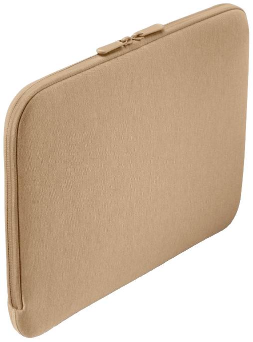 Hnědé pouzdro na notebook se zipem, vertikální, vyrobené z textilního materiálu. Vhodné pro ochranu a přepravu notebooku.