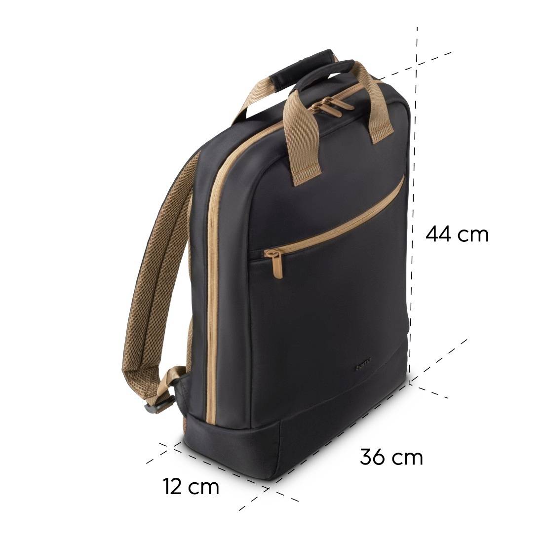 Černý batoh, 44 cm vysoký, 36 cm široký, 12 cm hluboký, s hnědými popruhy a zipy.