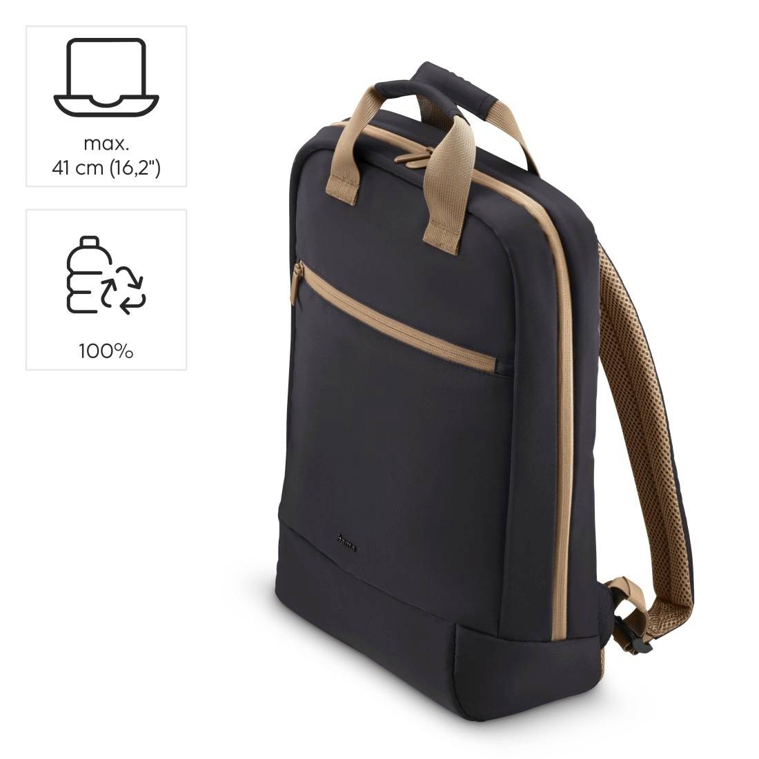 Černý batoh s hnědými popruhy a úchyty, vhodný pro notebooky do velikosti 41 cm. Vyroben ze 100% recyklovaného materiálu.