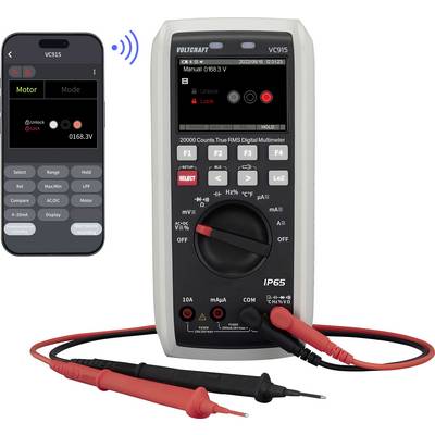Aplikace na chytrém telefonu se bezdrátově připojuje k multimetru VOLTCRAFT VC915, který zobrazuje hodnotu v režimu motoru 168,3V s připojenými testovacími vodiči.