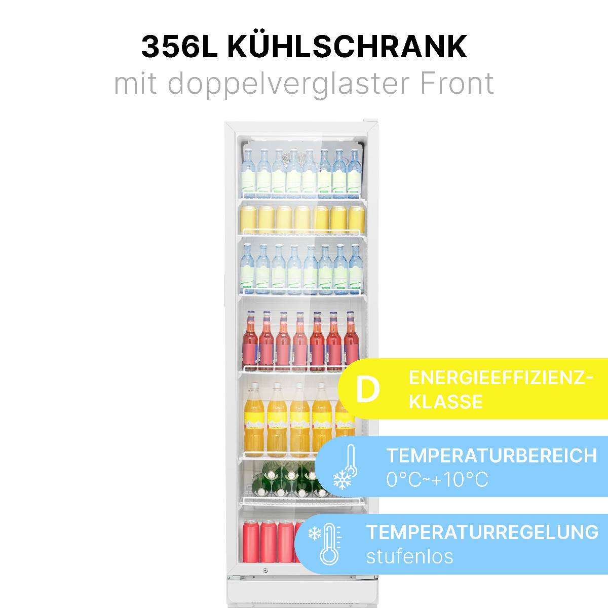 Chladnička 356L s dvojitě proskleným čelem a energetickou třídou D. Teplotní rozsah 0°C až +10°C, plynulé nastavení teploty.