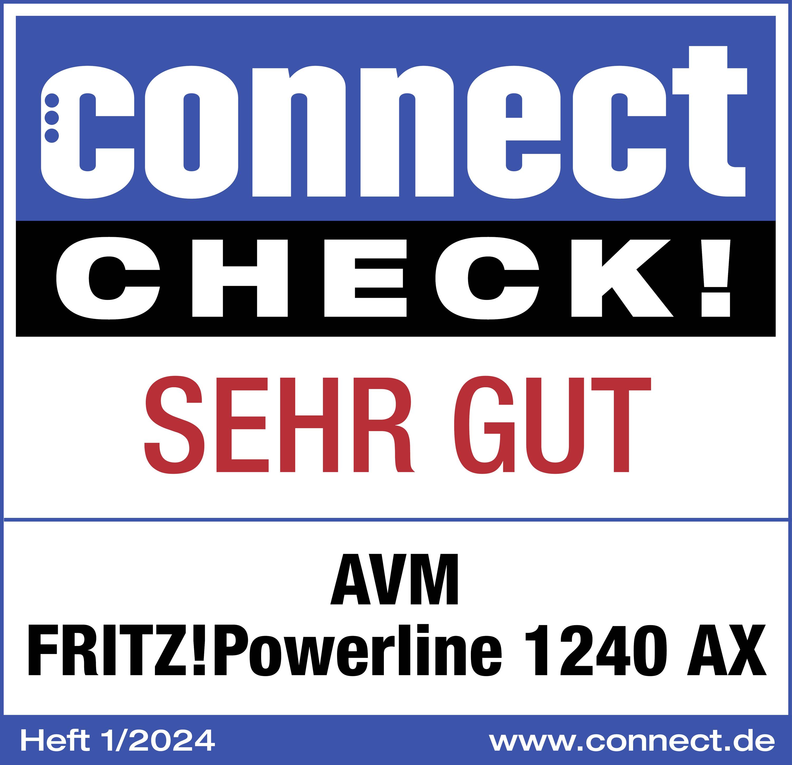 'connect VÝBORNĚ! SEHR GUT' Hodnocení pro AVM FRITZ!Powerline 1240 AX, číslo 1/2024, www.connect.de.