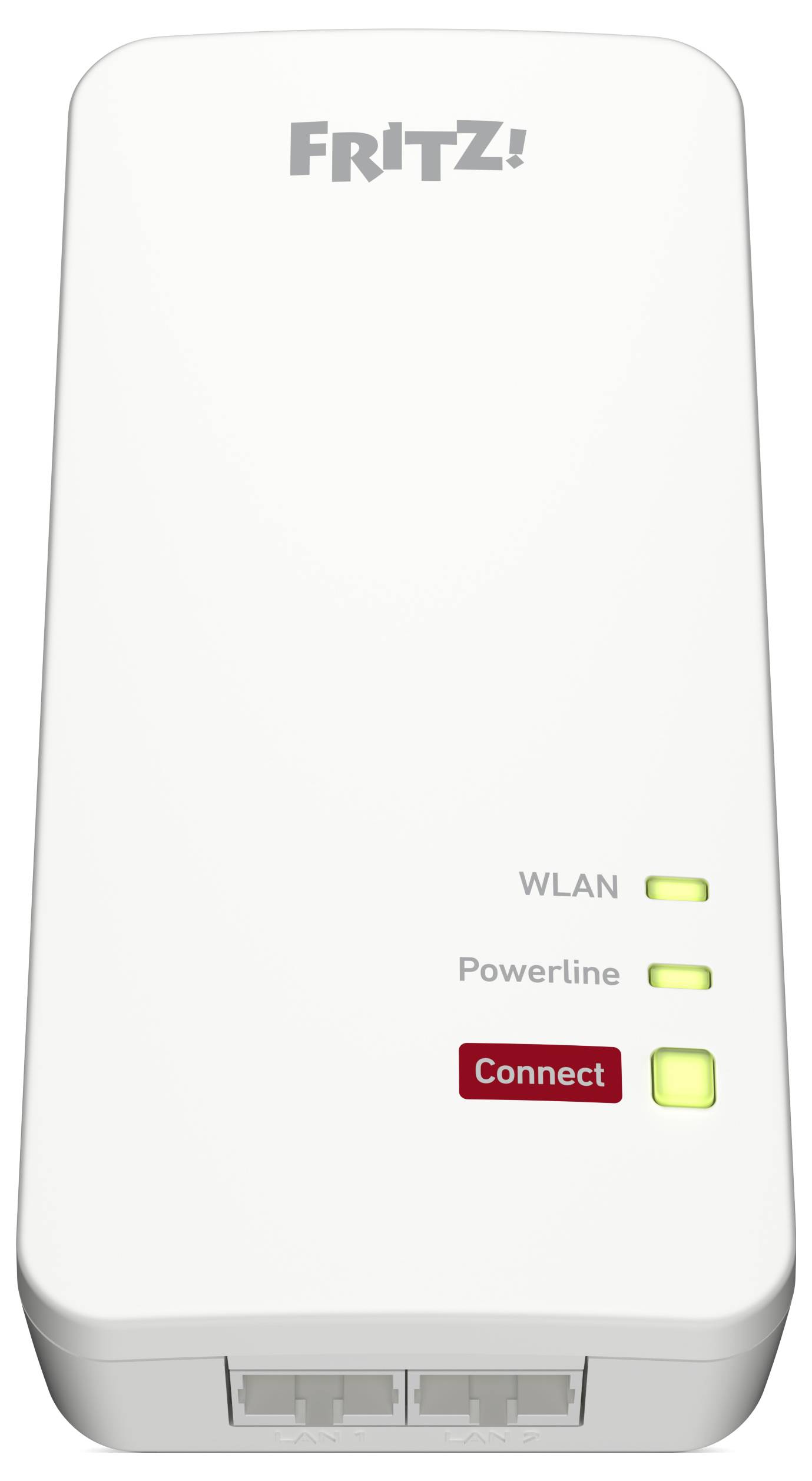 Bílý Wi-Fi repeater s logem FRITZ! a třemi LED diodami pro Wi-Fi, Powerline a 'Connect'. Pohled zepředu, bez připojených kabelů.