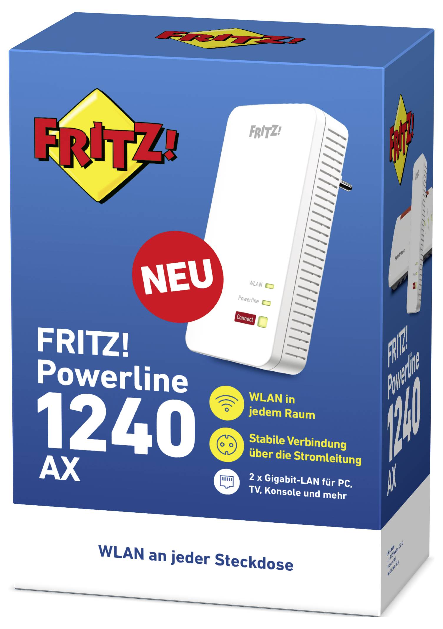 Balení adaptéru FRITZ! Powerline 1240 AX, který slibuje rychlý Wi-Fi signál přes elektrickou zásuvku. Obsahuje dva gigabitové síťové LAN porty.