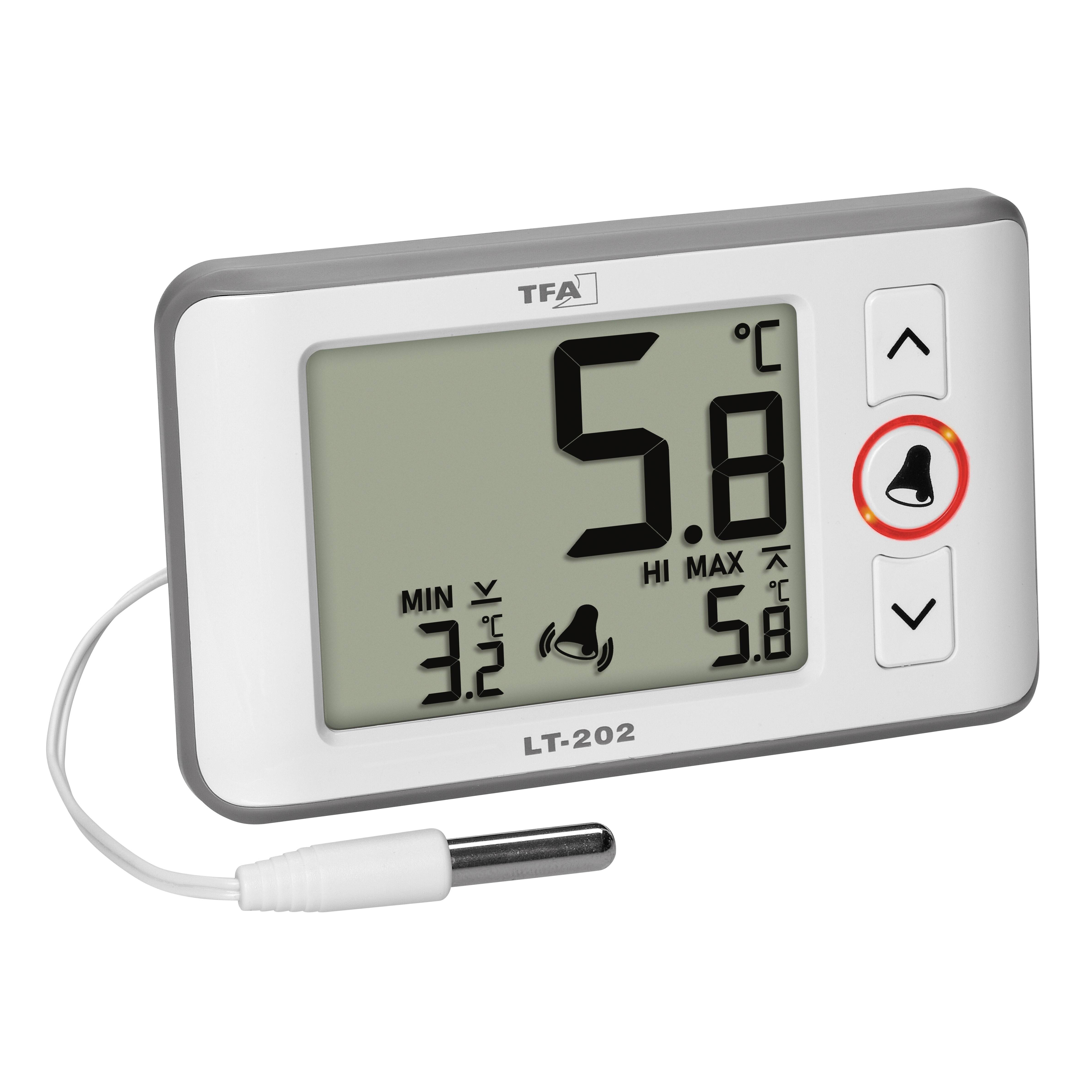 Digitální teploměr s LCD displejem ukazuje 5,8°C. Minimální teplota 3,2°C, maximální teplota 5,8°C. Měřicí senzor připojen.