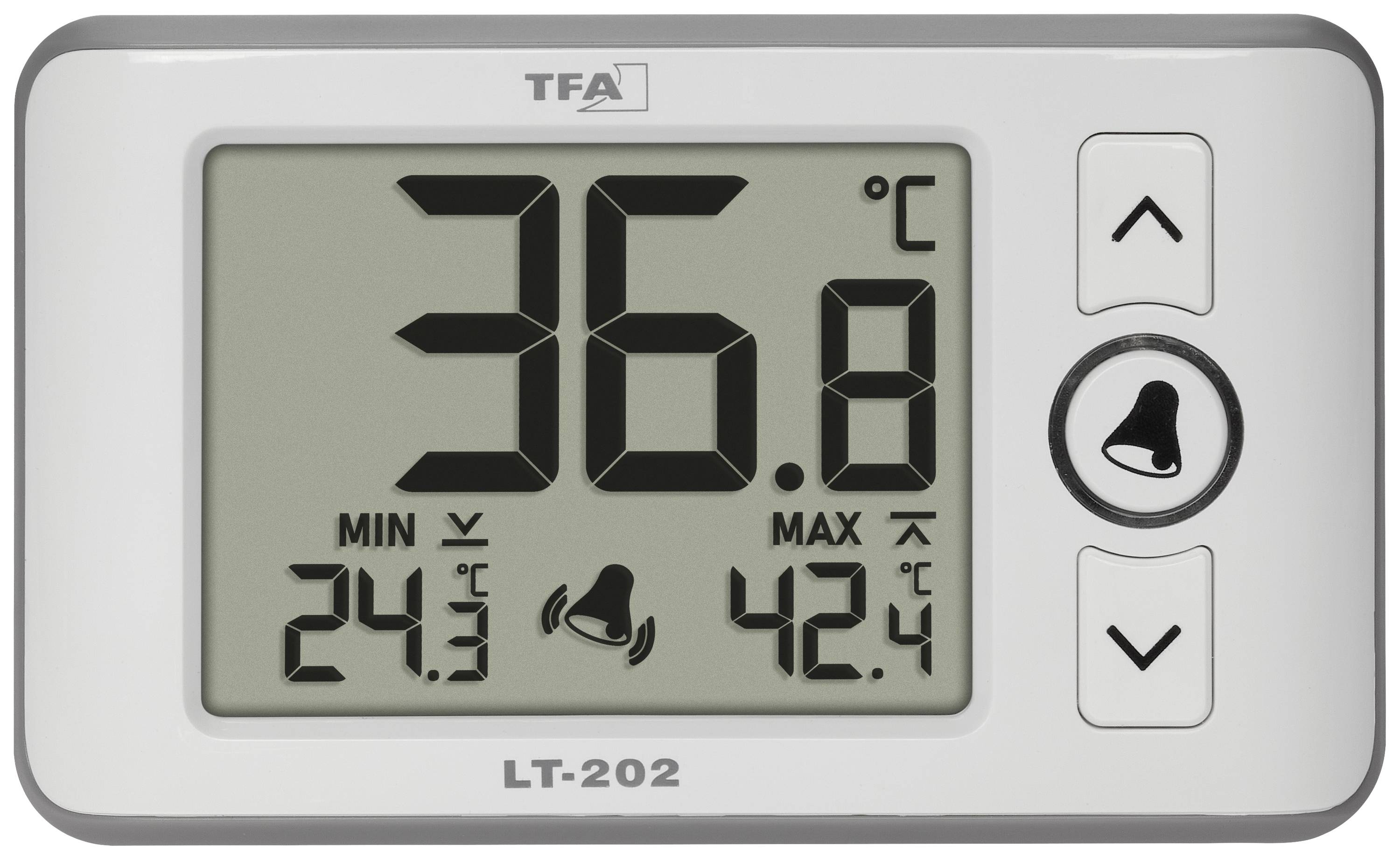 Digitální teploměr ukazuje 36,8°C. Min. 24,3°C, Max. 42,4°C. Jsou viditelné dvě šipkové klávesy a alarmové tlačítko.