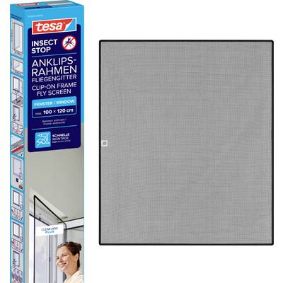 Tesa insect stop clip-on frame síťka proti hmyzu do oken, zobrazena jako šedá síťovaná deska vedle její maloobchodní krabice.