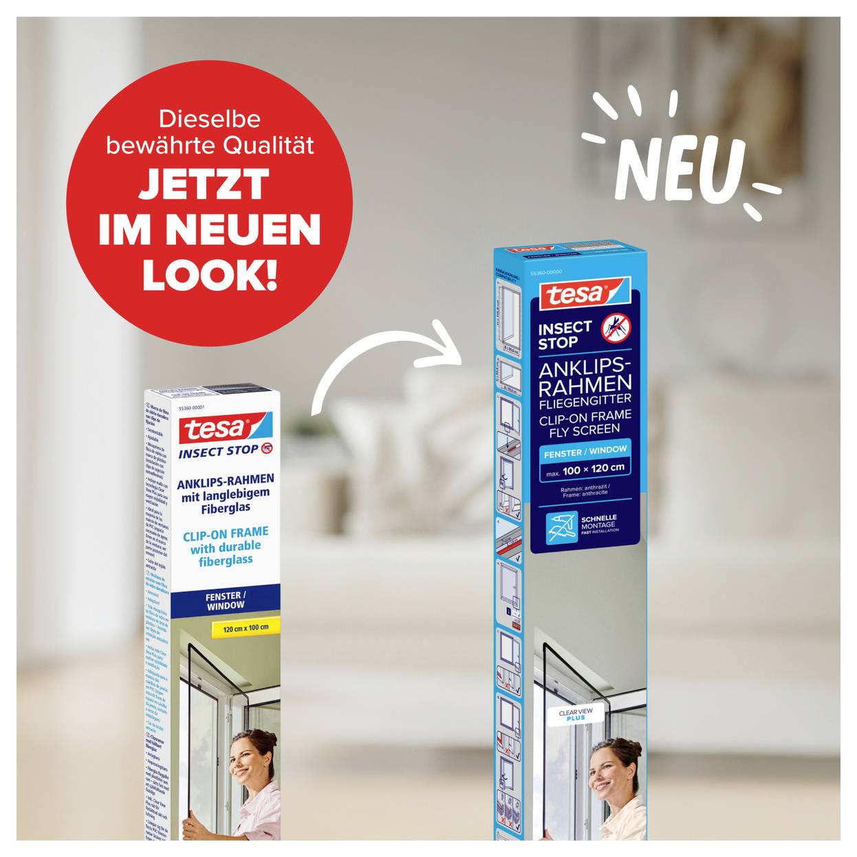 Inzerát ukazující změnu designu balení tesa insect stop: stará krabice vlevo, nová vyšší modrá krabice vpravo, s německým textem "Jetzt im neuen Look!" a "Neu".