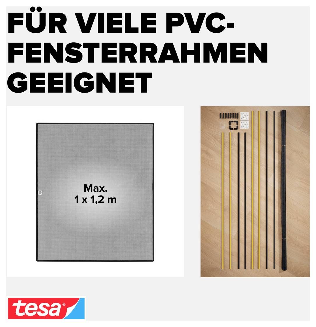 Tesa reklama ukazuje síťové okno označené „Max. 1 x 1,2 m" a německý text „Für viele PVC-Fensterrahmen geeignet" (Vhodné pro mnoho plastových okenních rámů) naznačující, že se hodí k mnoha plastovým okenním rámům.