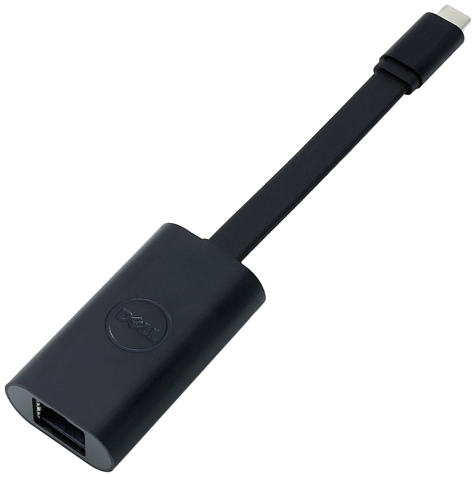 Černý adaptér USB-C na Ethernet s krátkým kabelem, vhodný pro připojení počítače k drátové síti.