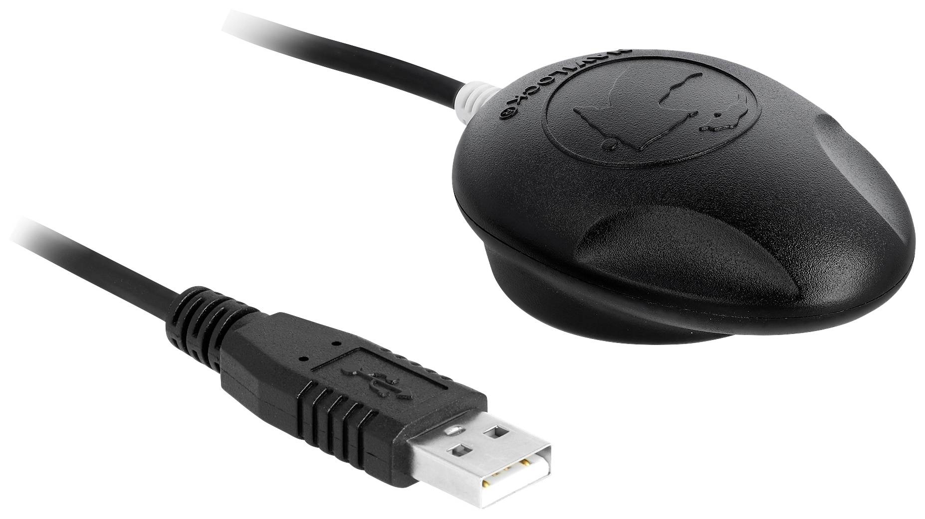 USB kabel připojený k černému GPS přijímači, vhodný pro navigační účely.