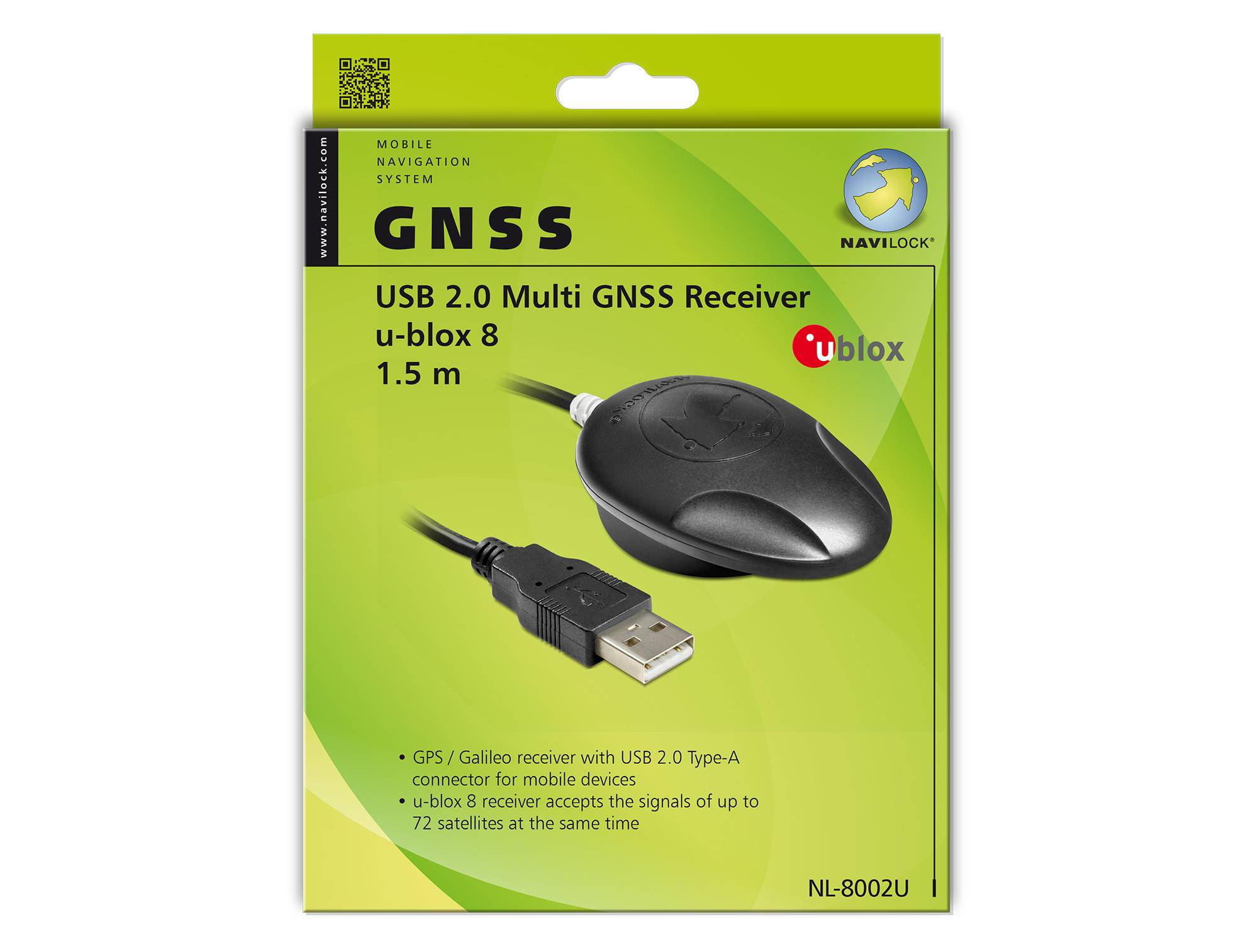 'Navilock GNSS USB 2.0 Multi-GNSS přijímač u-blox 8, 1,5 m. GPS/Galileo přijímač s USB 2.0 Typ-A, podporuje až 72 satelitů.'