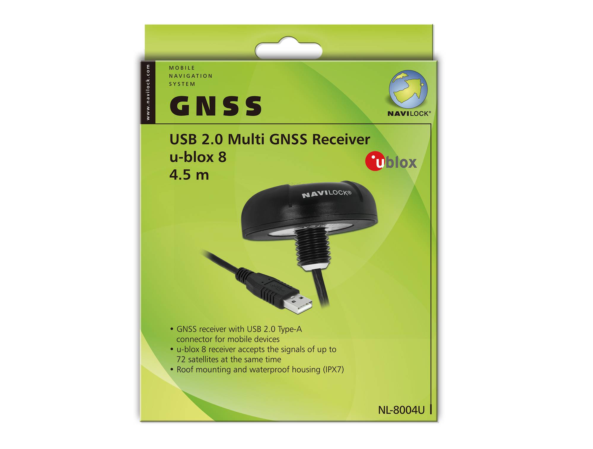 USB 2.0 Multi GNSS přijímač u-blox 8 v balení. Kompaktní s USB kabelem, vhodný pro mobilní zařízení a odolný vůči vodě (IPX7).