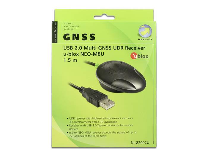 USB 2.0 Multi GNSS UDR přijímač u-blox NEO-M8U balení zobrazuje zařízení a USB kabel. Podporuje až 72 satelitů.