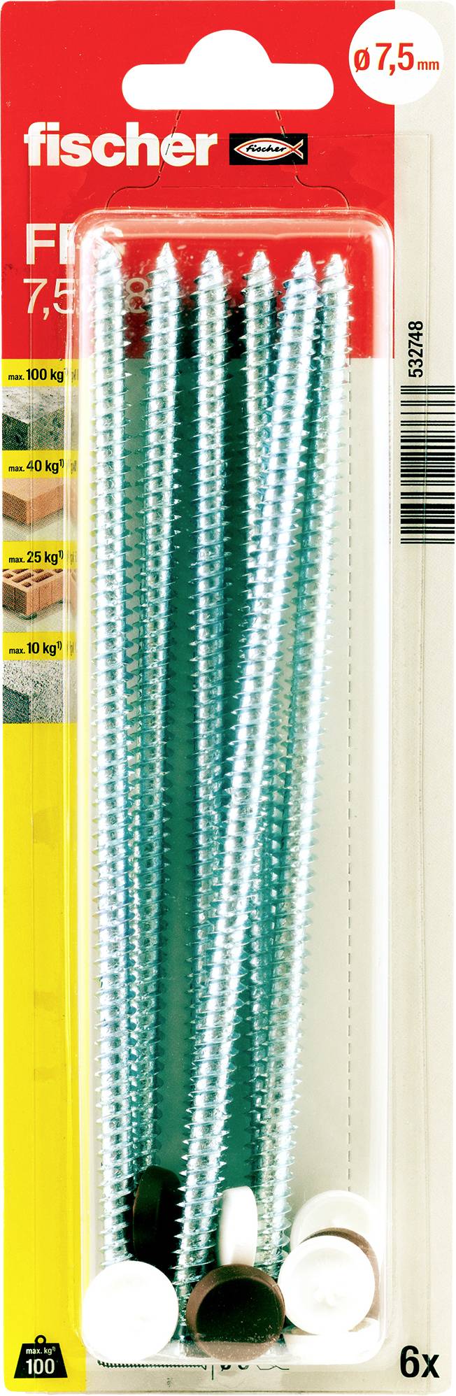 Balení šesti Fischer vrutů, označené 7,5 mm, zobrazené v červeno-bílém blistrovém balení s detaily produktu a čárovým kódem.