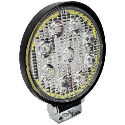Kulatý LED reflektor s devíti jednotlivými světelnými moduly, namontovaný v černém pouzdře se stříbrným držákem.