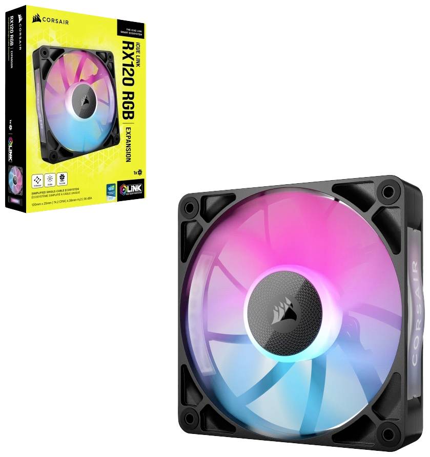 Počítačový ventilátor CORSAIR iCUE SP120 RGB PRO s pink-modrým osvětlením. Balení zobrazuje obrázek produktu a RGB highlight.