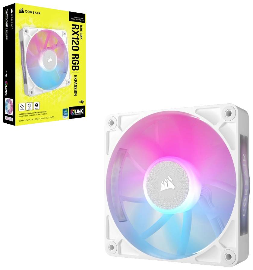 Počítačový větrák do skříně od Corsairu s RGB podsvícením, umístěný v bílém počítačovém těle. Vedle něj produktové balení s modelovým číslem 'iCUE RX120 RGB'.